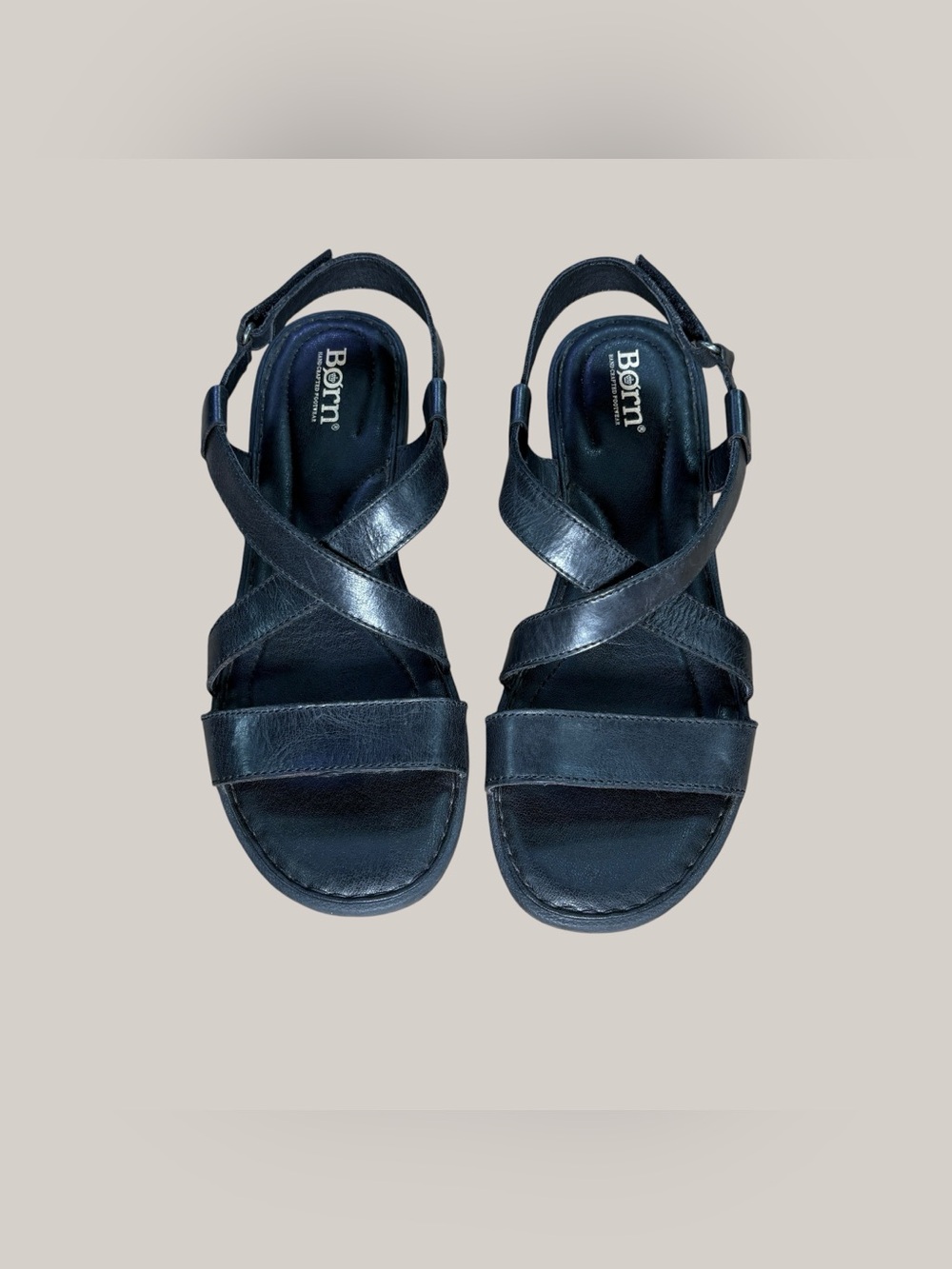 Born Handcrafted Footwear Black Leather Comfort Wedge Sandals Size 9